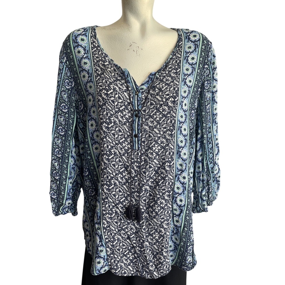 Womens Plus Size 2XL Dress Barn Tunic 3/4 Sleeve‎ Blue Tie/Tassle RUNS SMALL